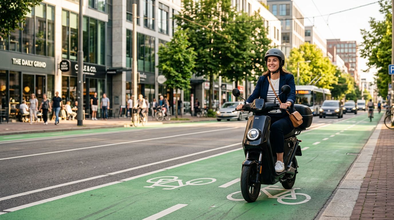 Rider seated on the Awwscooter C1 commuting down a sunlit city bike lane
